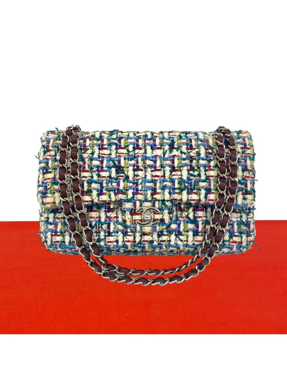 Chanel Double Flap CC Logo Tweed Chain Shoulder Bag Multicolor